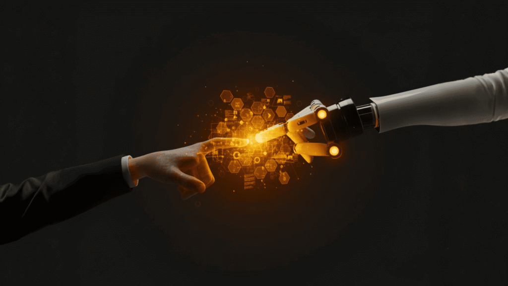 Representación del concepto Phygital con una mano humana y una mano robótica tocándose, simbolizando la unión del mundo físico y digital en el retail