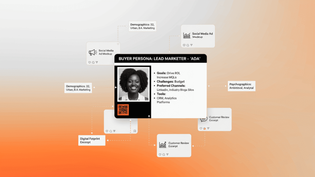 Infografía de un perfil de Buyer Persona mostrando objetivos, retos y canales preferidos en marketing digital