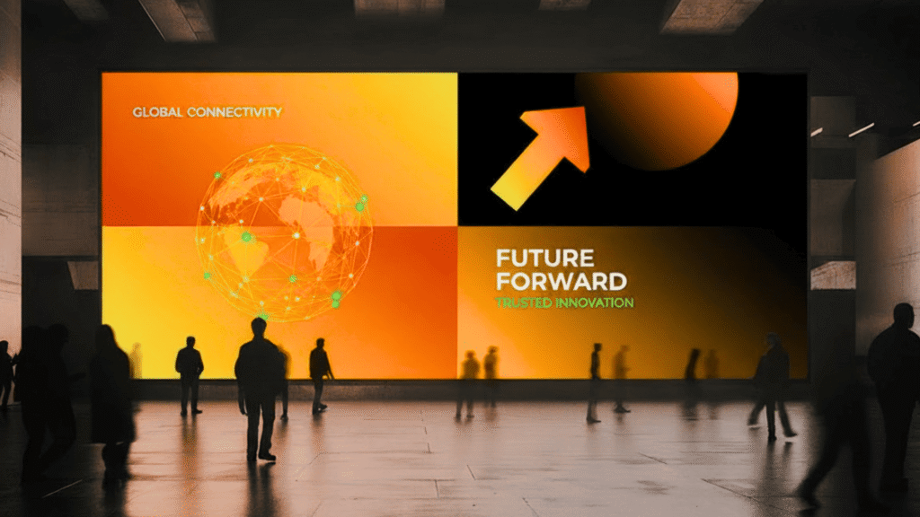 Pantalla digital gigante con globo terráqueo y conceptos de conectividad global e innovación para empresas