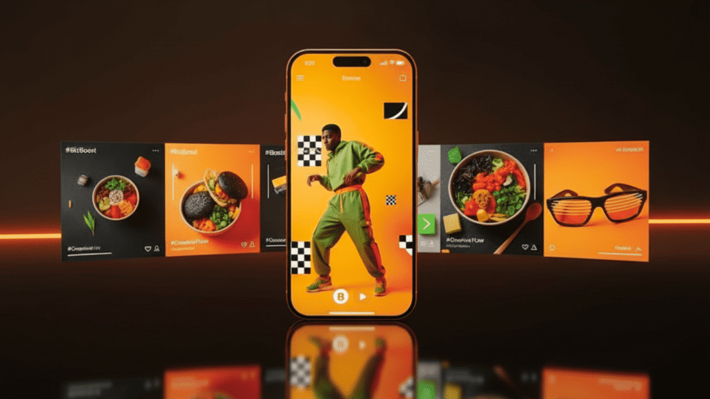 Interfaz de la plataforma TikTok for Business en un smartphone con ejemplos de anuncios creativos